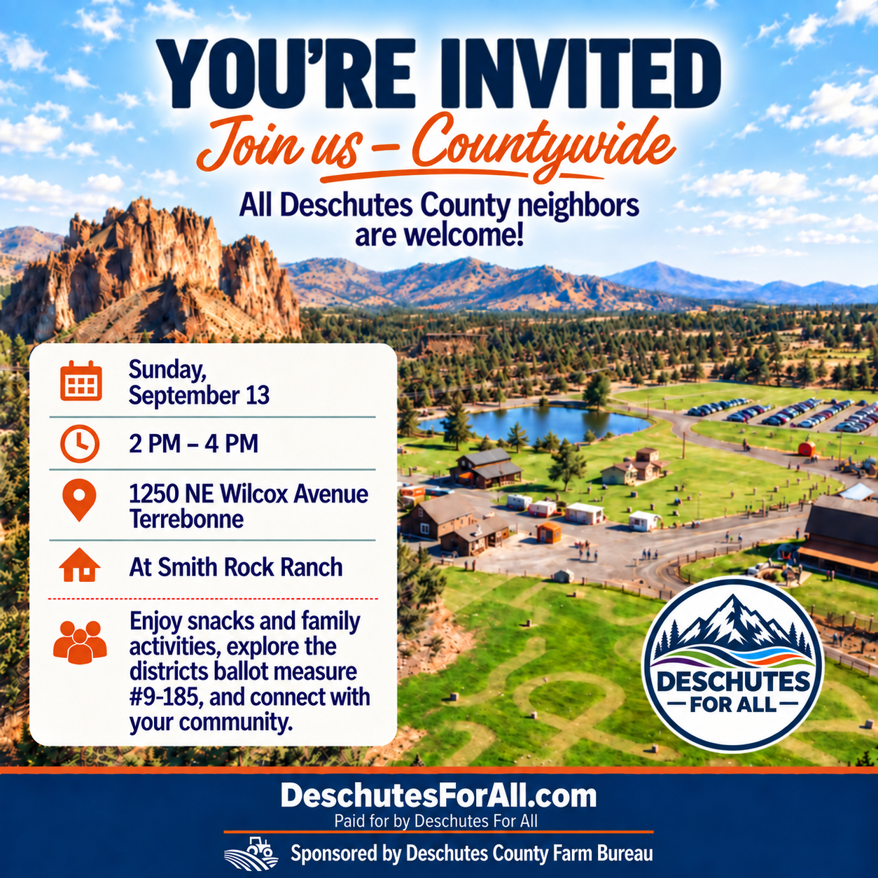 Deschutes For All countywide community gathering at Smith Rock Ranch on Sunday, September 13 from 2 PM to 4 PM